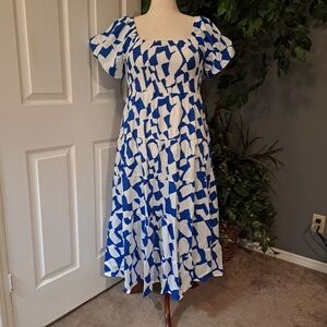 Abstract Blue White Puff Sleeve Midi